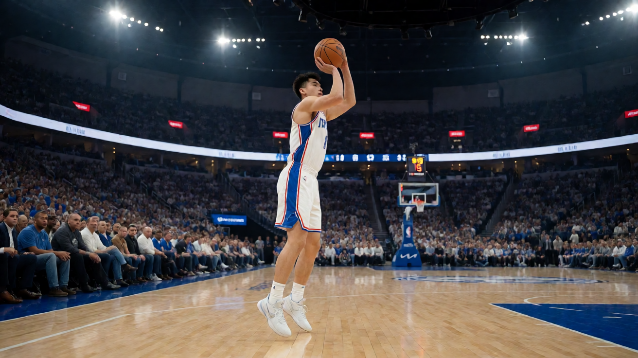 NBA篮球比赛现场，球员跳投瞬间，场馆灯光明亮